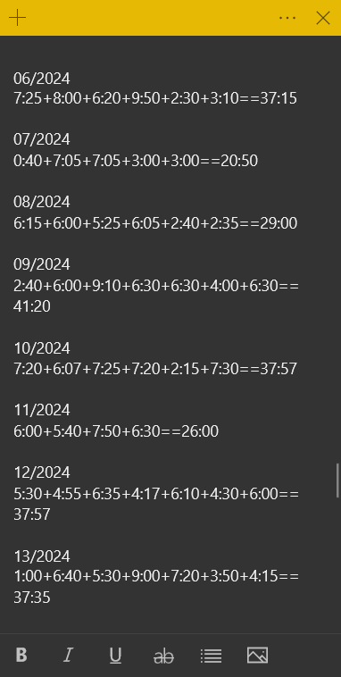 Captura de tela do app Notas Autoadesivas da Microsoft com registro de horas semanais